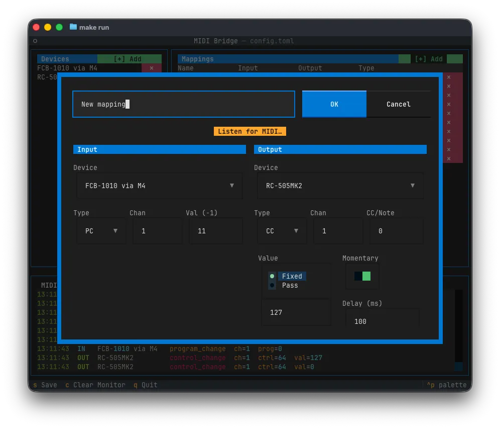 The Add Mapping dialog, with input and output sections, a momentary toggle, and the Listen for MIDI button
