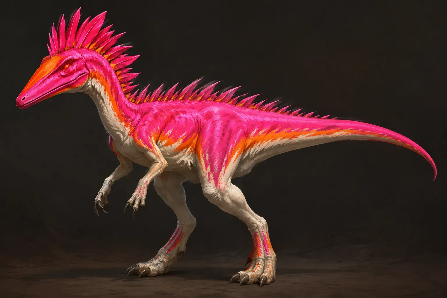 Concept art of the raptor look: hot pink body, orange accents, and a magenta spike crest