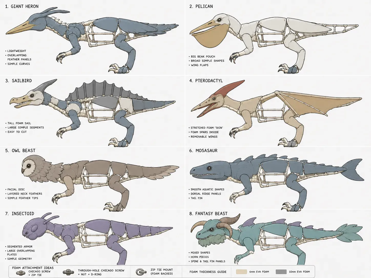 A second concept sheet of stranger creatures on the same skeleton: giant heron, pelican, sailbird, pterodactyl, owl beast, mosasaur, insectoid, and fantasy beast