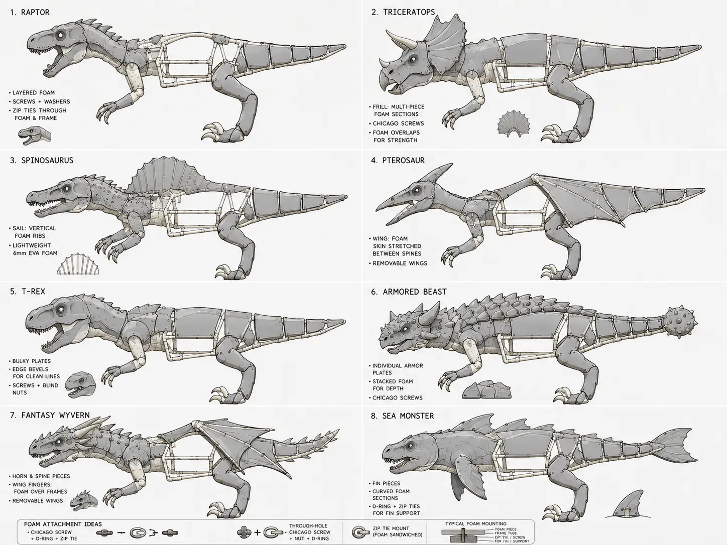A concept sheet of eight dinosaur skins over the same PVC frame, with foam attachment ideas: Chicago screws, zip ties, and EVA thickness notes