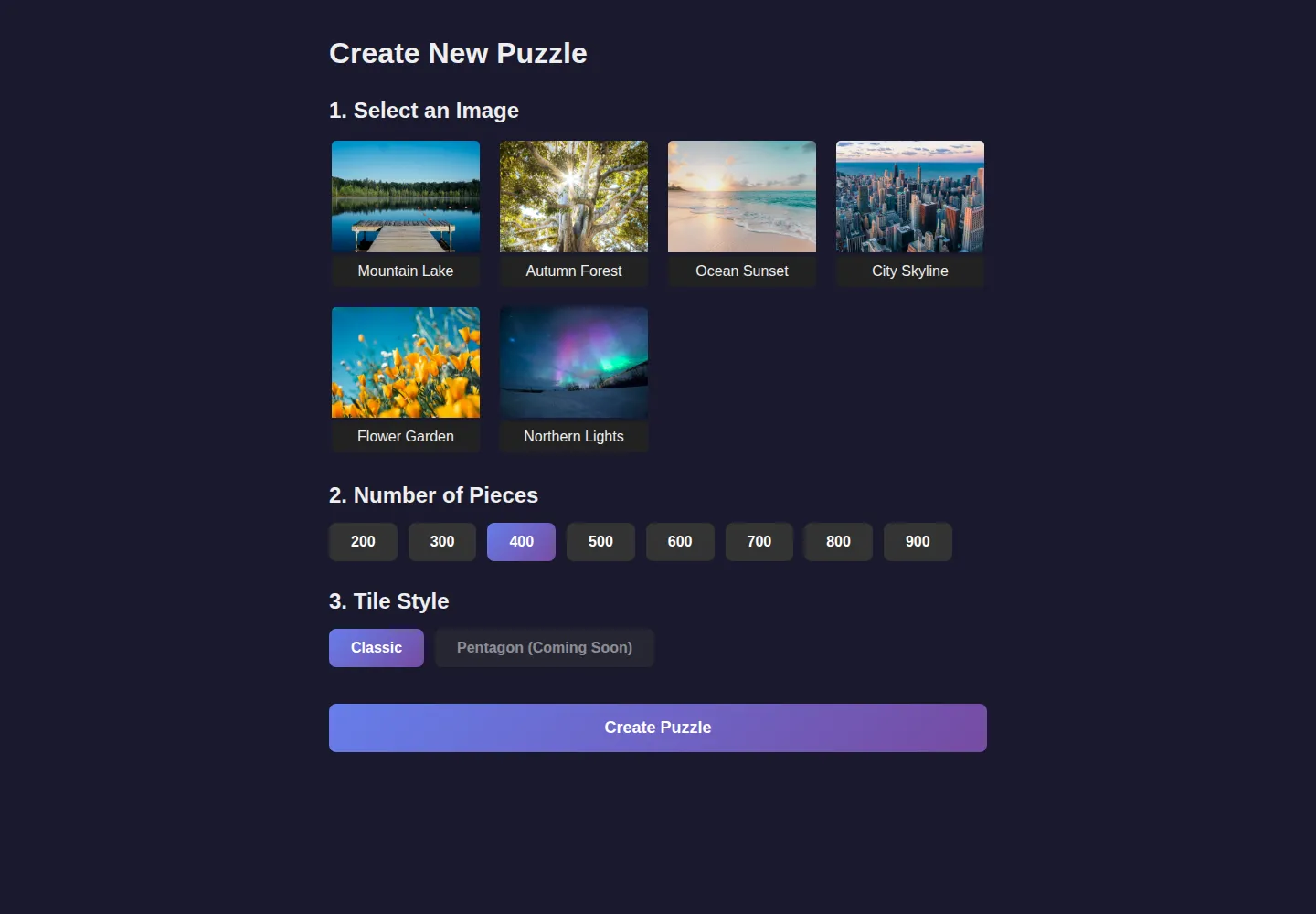 Multiplayer Puzzler’s creation screen with six source images, piece counts from 200 to 900, and the classic jigsaw tile style