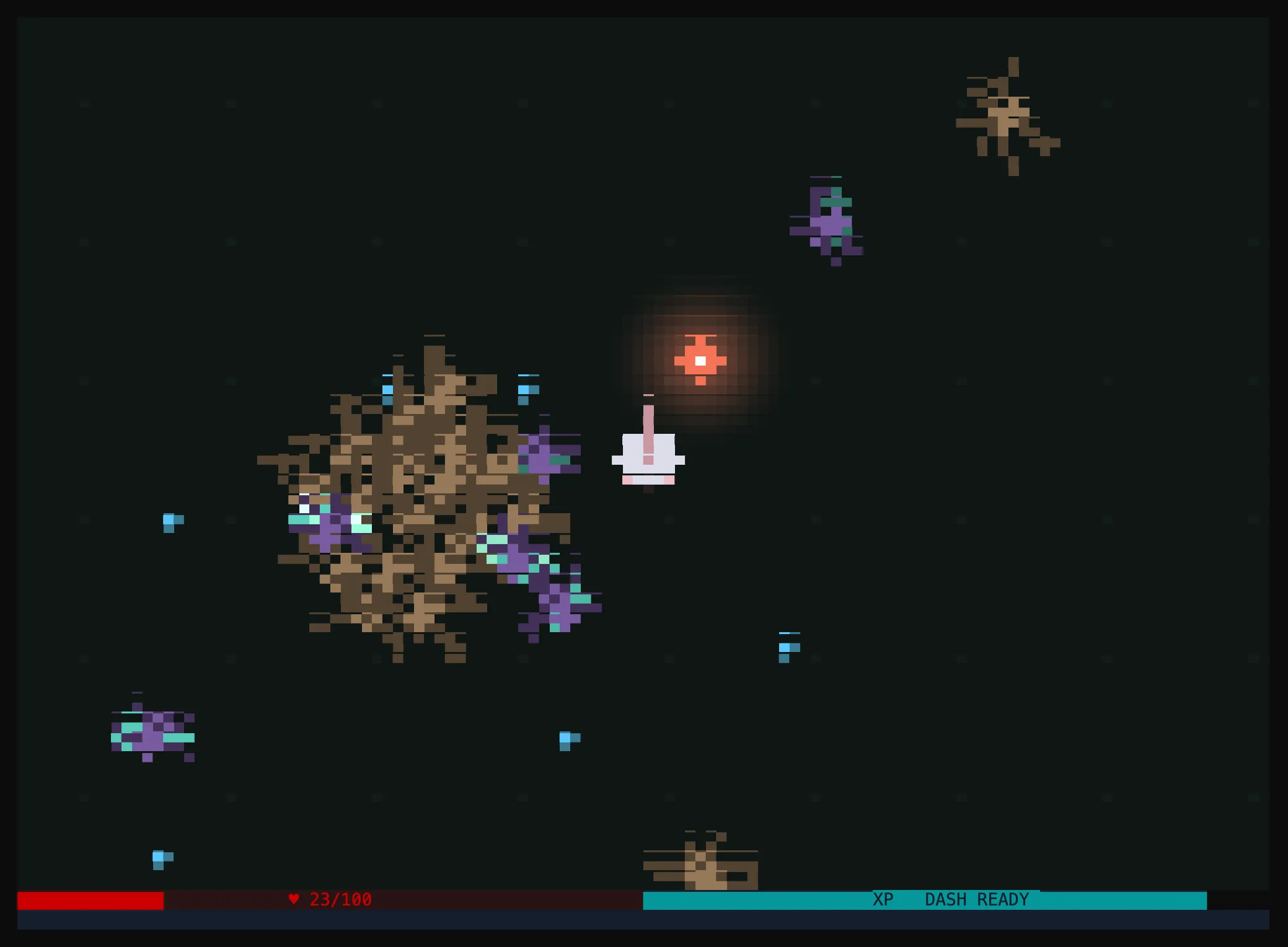 Mid-run gameplay: the rat kiting a swarm of skitterers and insects past a glowing pickup, health deep in the red, all rendered as terminal half-block pixels