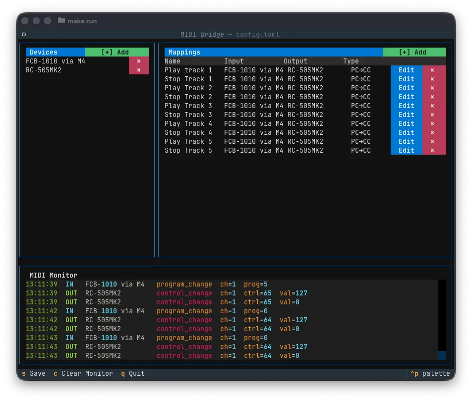 The main MIDI Bridge screen: devices, the play/stop mappings for each loop track, and the live MIDI monitor
