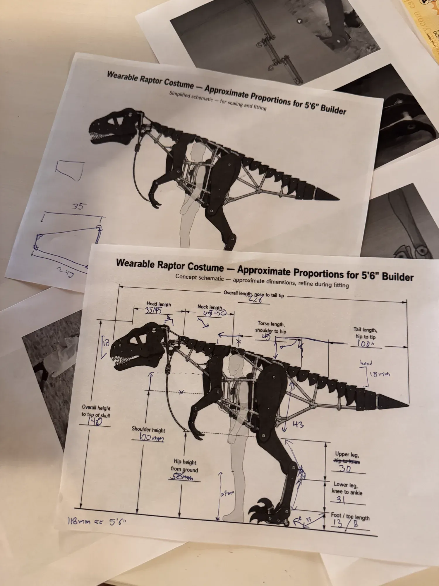 Two printed Raptor proportion sheets covered with handwritten dimensions