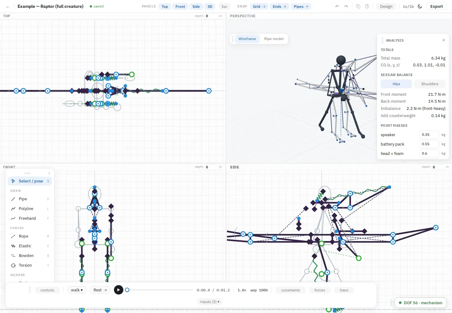 Riglab’s full Project Raptor example in the Top, Front, Side, and 3D views, with live mass, center-of-gravity, and seesaw-balance analysis