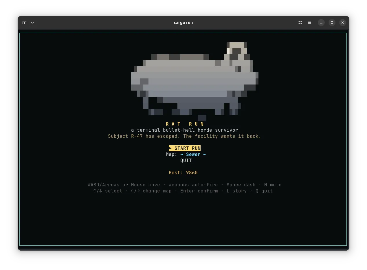 The Rat Run title screen in a terminal window: a chunky pixel-art rat over the menu, with the tagline “Subject R-47 has escaped. The facility wants it back.”
