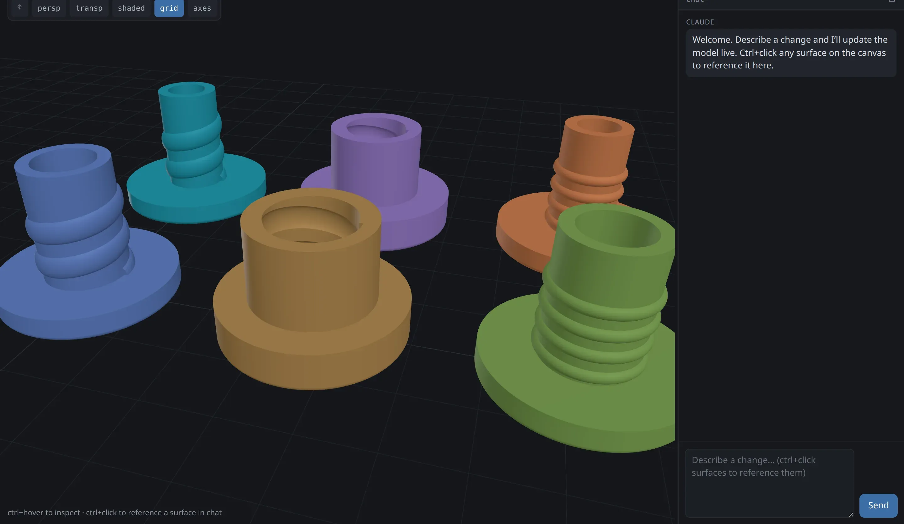 The vibecad interface showing the through-hull build plate: six telescoped grommet halves in threaded and ridged variants on the 3D canvas, chat panel at right